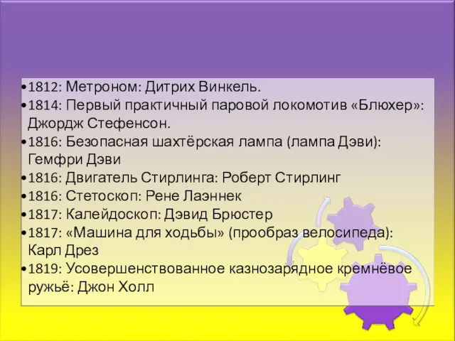 1812: Метроном: Дитрих Винкель. 1814: Первый практичный паровой локомотив «Блюхер»: