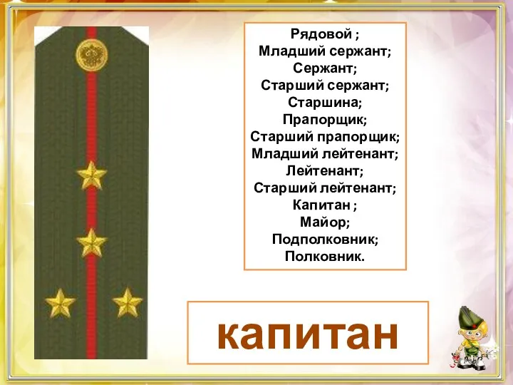 капитан Рядовой ; Младший сержант; Сержант; Старший сержант; Старшина; Прапорщик;