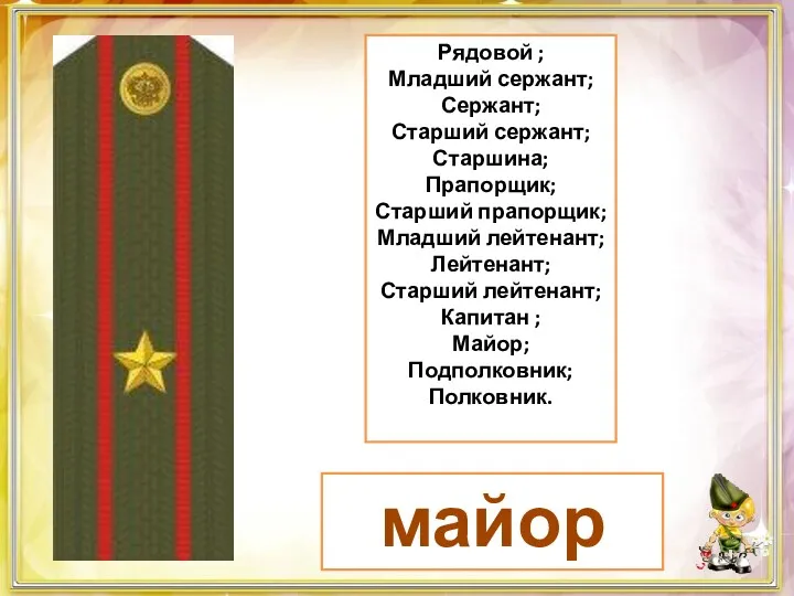 майор Рядовой ; Младший сержант; Сержант; Старший сержант; Старшина; Прапорщик;