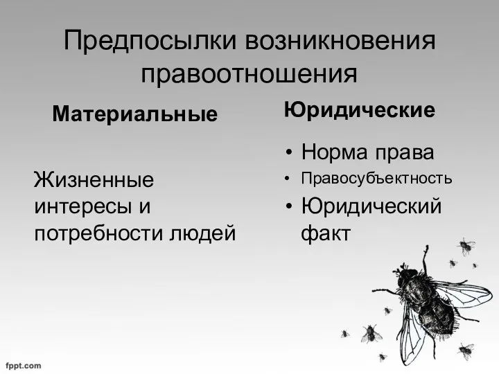 Предпосылки возникновения правоотношения Материальные Жизненные интересы и потребности людей Юридические Норма права Правосубъектность Юридический факт