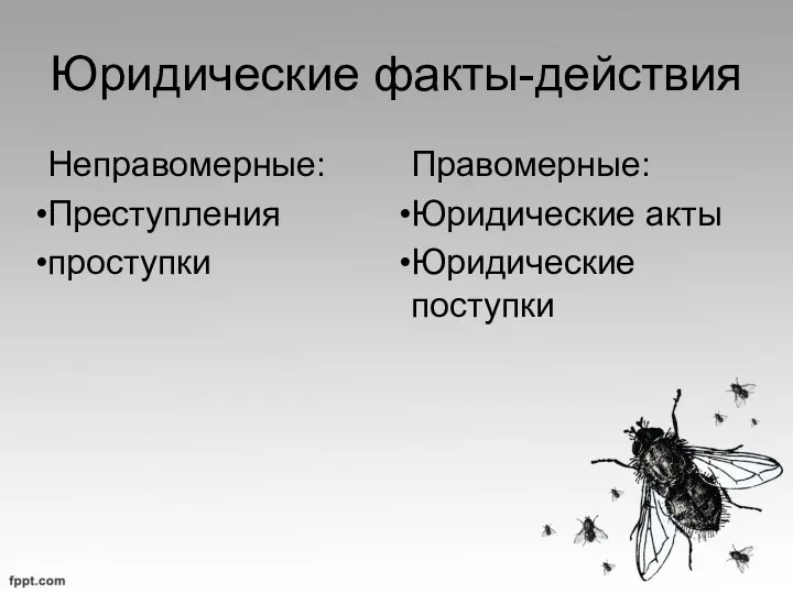 Юридические факты-действия Неправомерные: Преступления проступки Правомерные: Юридические акты Юридические поступки