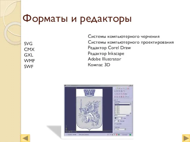 Форматы и редакторы Системы компьютерного черчения Системы компьютерного проектирования Редактор