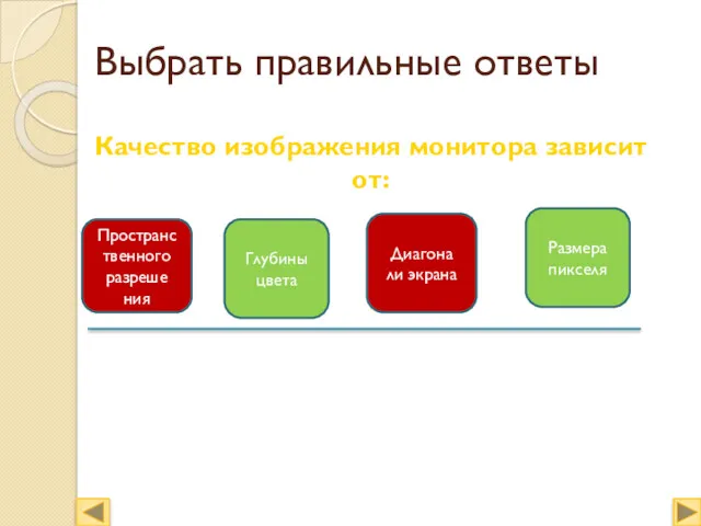 Выбрать правильные ответы Качество изображения монитора зависит от: Пространственного разреше