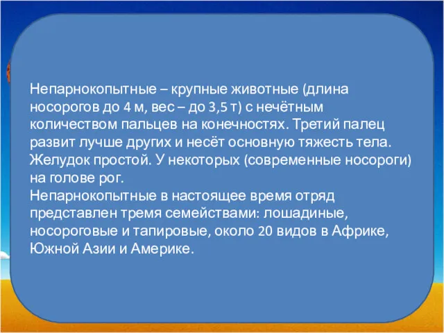 Непарнокопытные – крупные животные (длина носорогов до 4 м, вес