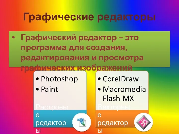 Графические редакторы Графический редактор – это программа для создания, редактирования и просмотра графических изображений