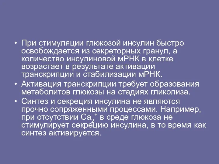 При стимуляции глюкозой инсулин быстро освобождается из секреторных гранул, а