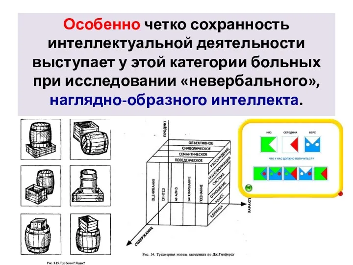 Особенно четко сохранность интеллектуальной деятельности выступает у этой категории больных при исследовании «невербального», наглядно-образного интеллекта.