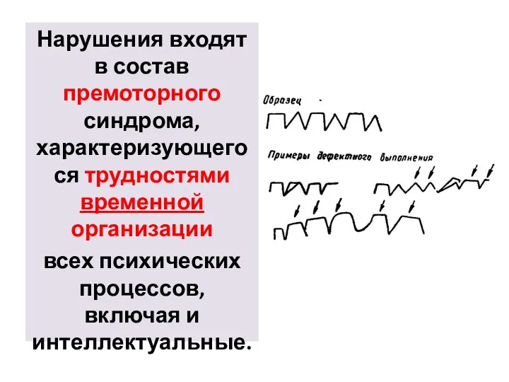 Нарушения входят в состав премоторного синдрома, характеризующегося трудностями временной организации всех психических процессов, включая и интеллектуальные.