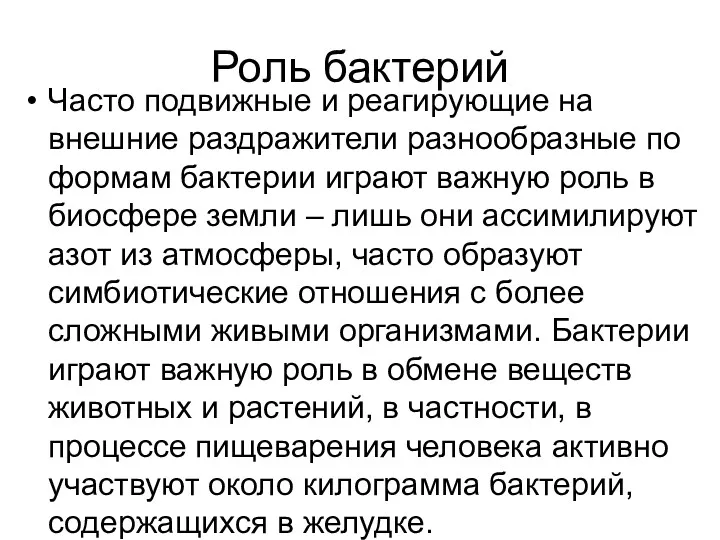 Роль бактерий Часто подвижные и реагирующие на внешние раздражители разнообразные