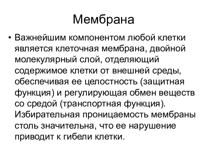 Мембрана Важнейшим компонентом любой клетки является клеточная мембрана, двойной молекулярный