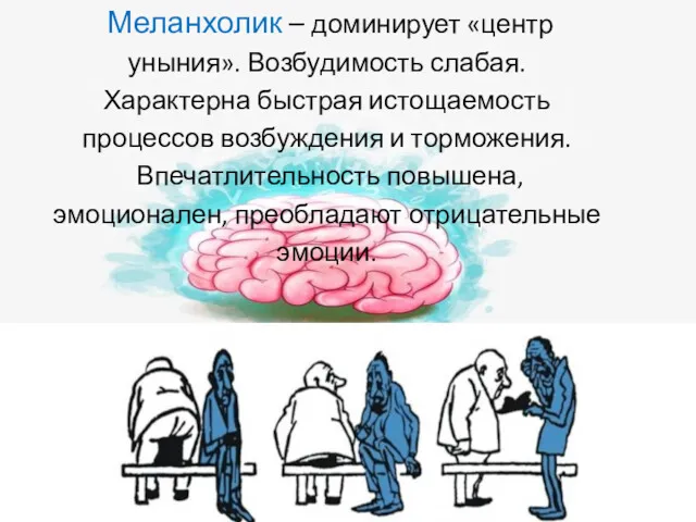 Меланхолик – доминирует «центр уныния». Возбудимость слабая. Характерна быстрая истощаемость