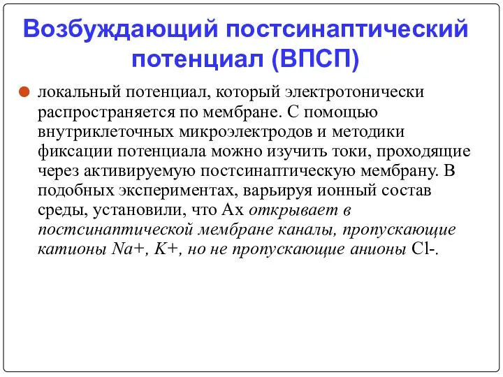 Возбуждающий постсинаптический потенциал (ВПСП) локальный потенциал, который электротонически распространяется по