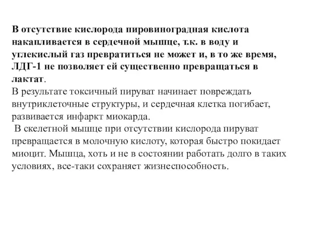 В отсутствие кислорода пировиноградная кислота накапливается в сердечной мышце, т.к.