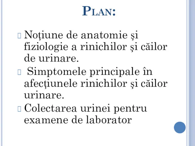 Plan: Noţiune de anatomie şi fiziologie a rinichilor şi căilor