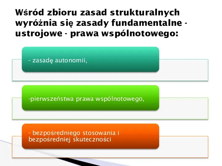 Wśród zbioru zasad strukturalnych wyróżnia się zasady fundamentalne - ustrojowe - prawa wspólnotowego: