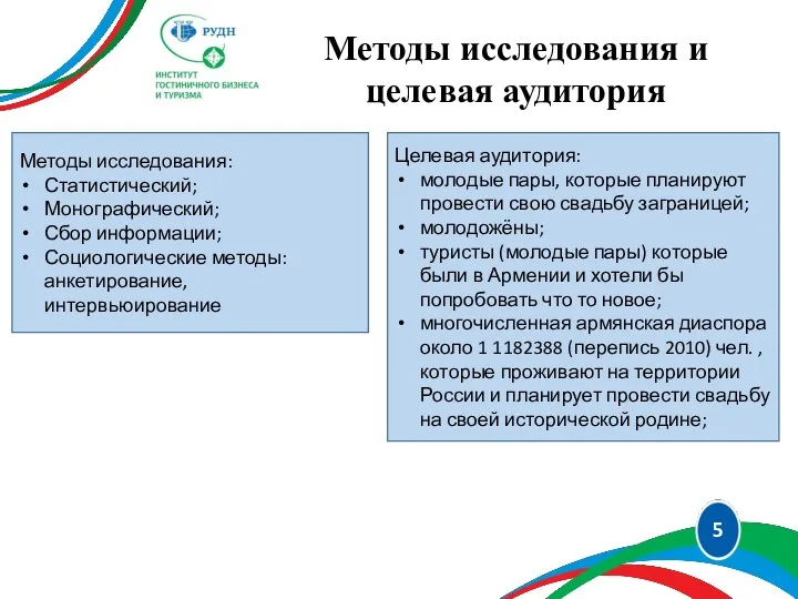 5 Методы исследования и целевая аудитория Методы исследования: Статистический; Монографический;