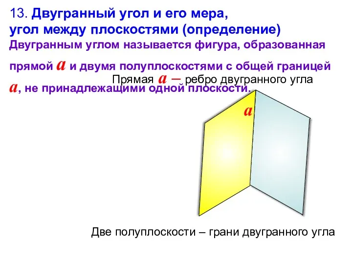 13. Двугранный угол и его мера, угол между плоскостями (определение)