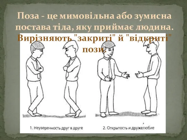 Поза - це мимовільна або зумисна постава тіла, яку приймає людина. Вирізняють "закриті" й "відкриті" пози.