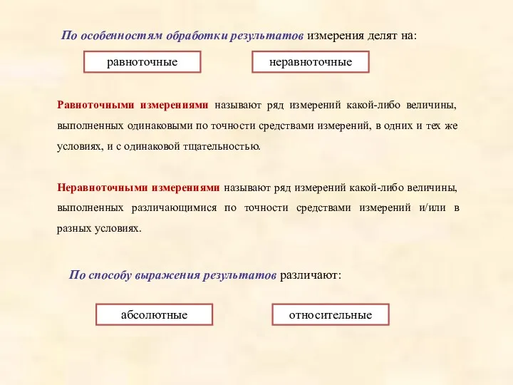 По особенностям обработки результатов измерения делят на: равноточные неравноточные Равноточными