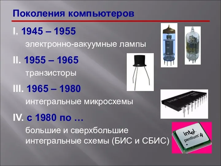 I. 1945 – 1955 электронно-вакуумные лампы II. 1955 – 1965