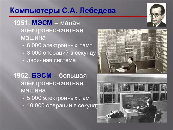 1951. МЭСМ – малая электронно-счетная машина 6 000 электронных ламп