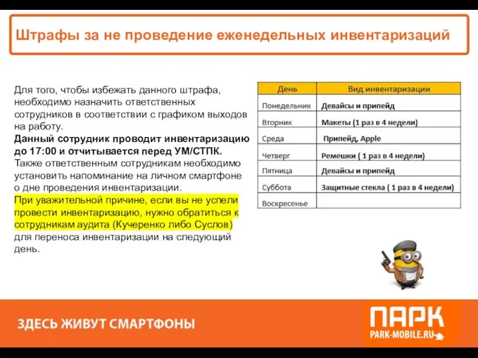 «ПАРК - ЗДЕСЬ XОРОШО!» Штрафы за не проведение еженедельных инвентаризаций