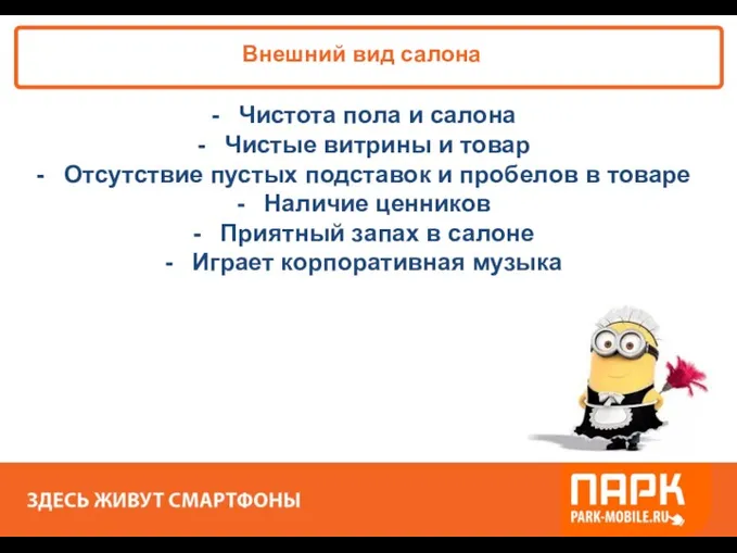 Чистота пола и салона Чистые витрины и товар Отсутствие пустых