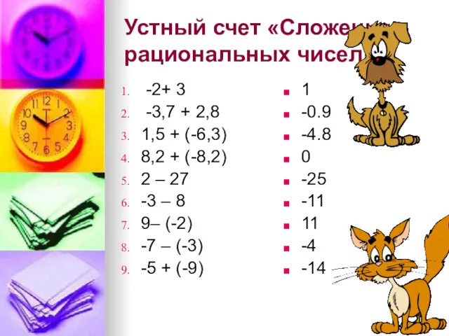 Устный счет «Сложение рациональных чисел» -2+ 3 -3,7 + 2,8