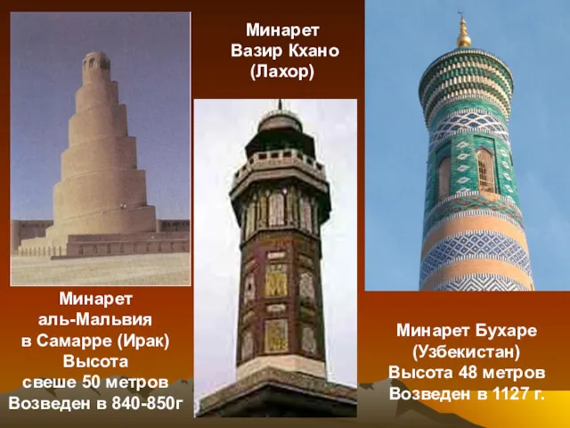 Минарет аль-Мальвия в Самарре (Ирак) Высота свеше 50 метров Возведен в 840-850г Минарет