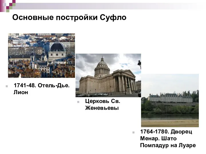 Основные постройки Суфло Церковь Св. Женевьевы 1741-48. Отель-Дье. Лион 1764-1780. Дворец Менар. Шато Помпадур на Луаре