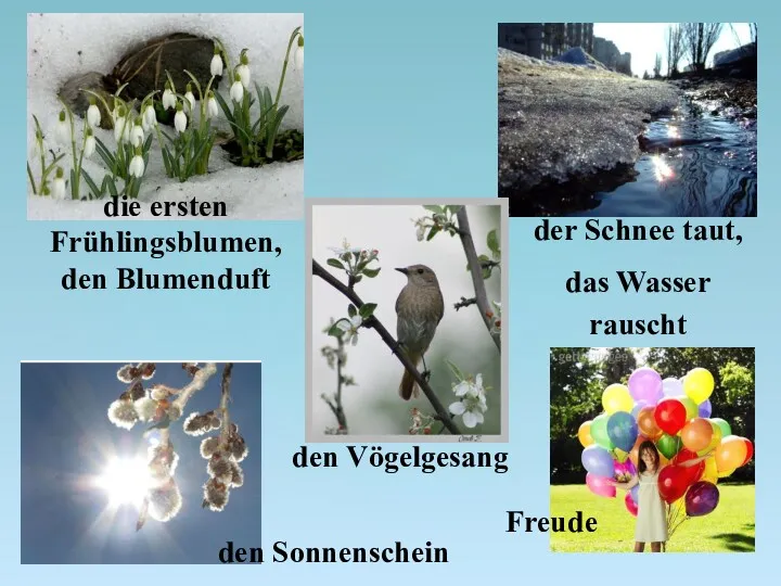 die ersten Frühlingsblumen, den Blumenduft der Schnee taut, das Wasser rauscht den Vӧgelgesang den Sonnenschein Freude