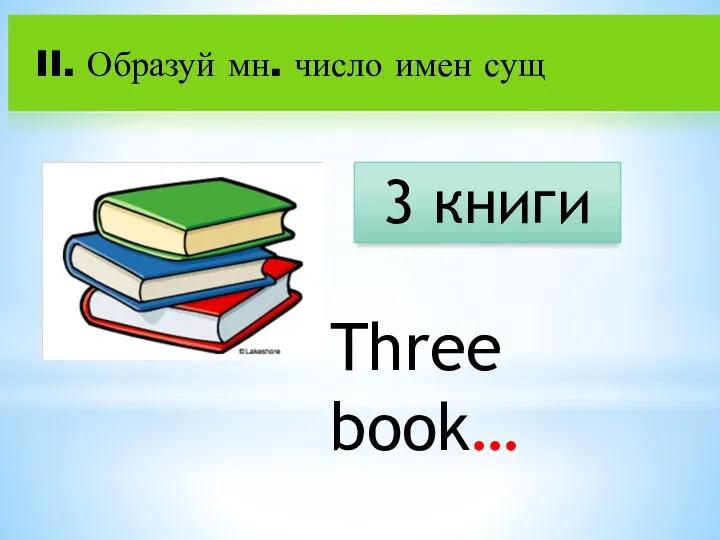 II. Образуй мн. число имен сущ 3 книги Three book…