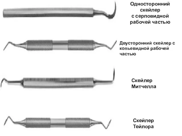 Односторонний скейлер с серповидной рабочей частью Двусторонний скейлер с копьевидной рабочей частью Скейлер Митчелла Скейлер Тейлора