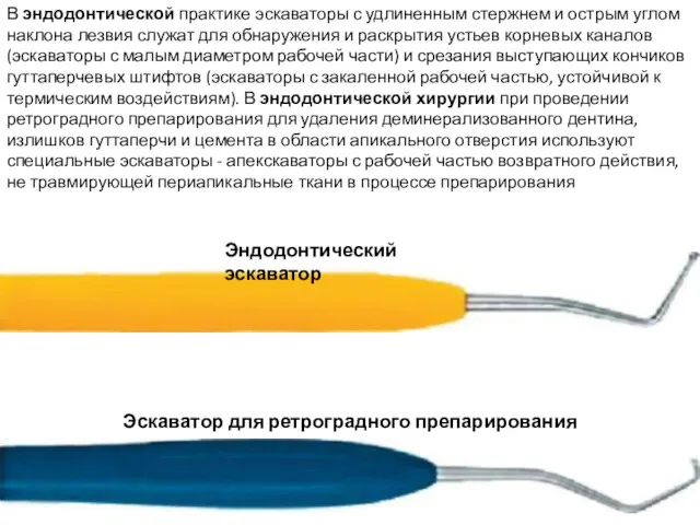 В эндодонтической практике эскаваторы с удлиненным стержнем и острым углом наклона лезвия служат