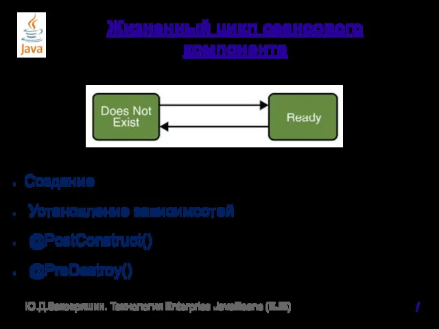 Жизненный цикл сеансового компонента Создание Установление зависимостей @PostConstruct() @PreDestroy() / Ю.Д.Заковряшин. Технология Enterprise JavaBeans (EJB)
