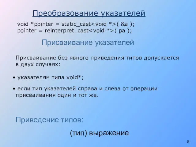 Присваивание указателей Присваивание без явного приведения типов допускается в двух