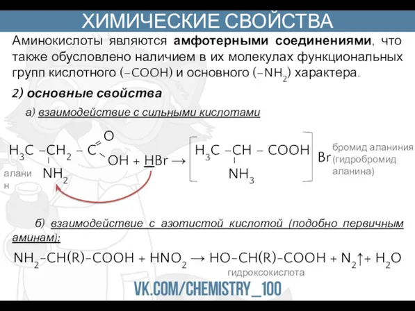 ХИМИЧЕСКИЕ СВОЙСТВА Аминокислоты являются амфотерными соединениями, что также обусловлено наличием в их молекулах