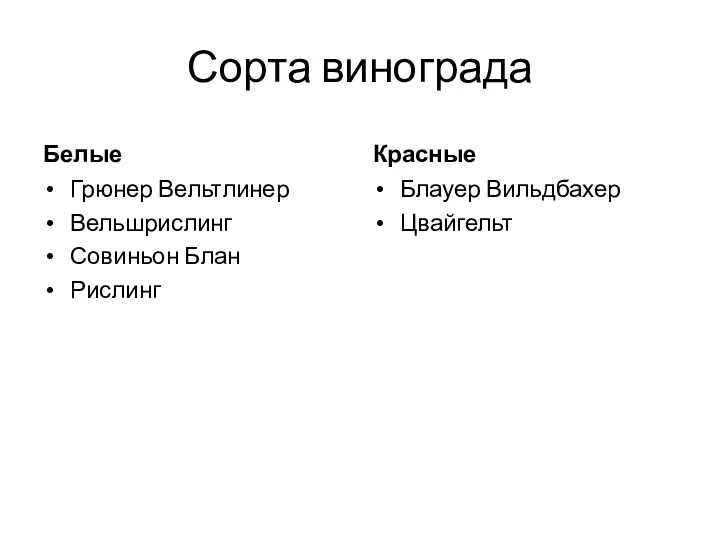 Сорта винограда Белые Грюнер Вельтлинер Вельшрислинг Совиньон Блан Рислинг Красные Блауер Вильдбахер Цвайгельт