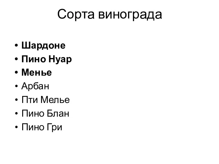 Сорта винограда Шардоне Пино Нуар Менье Арбан Пти Мелье Пино Блан Пино Гри