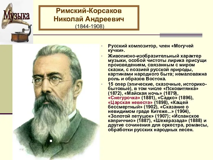 Римский-Корсаков Николай Андреевич (1844-1908) Русский композитор, член «Могучей кучки». Живописно-изобразительный