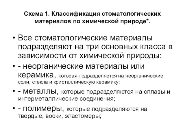 Схема 1. Классификация стоматологических материалов по химической природе*. Все стоматологические