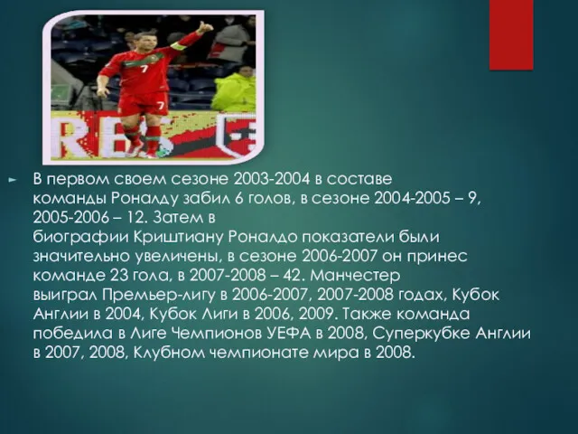 В первом своем сезоне 2003-2004 в составе команды Роналду забил