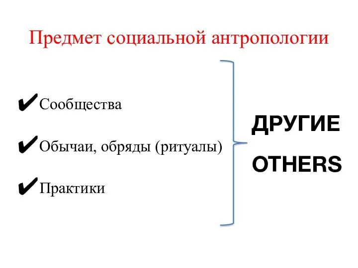 Предмет социальной антропологии Сообщества Обычаи, обряды (ритуалы) Практики ДРУГИЕ OTHERS