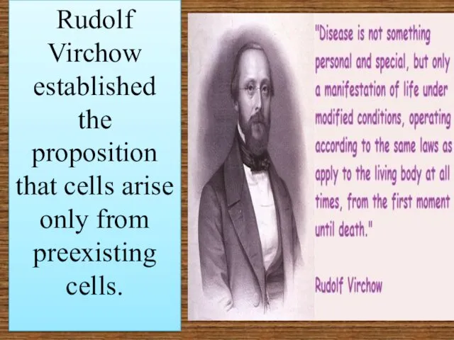Rudolf Virchow established the proposition that cells arise only from preexisting cells.
