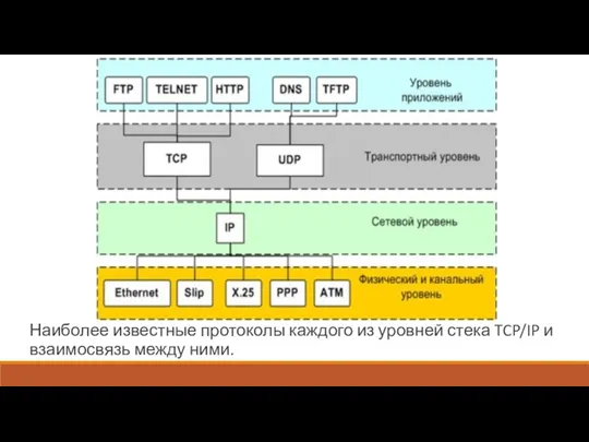 Наиболее известные протоколы каждого из уровней стека TCP/IP и взаимосвязь между ними.