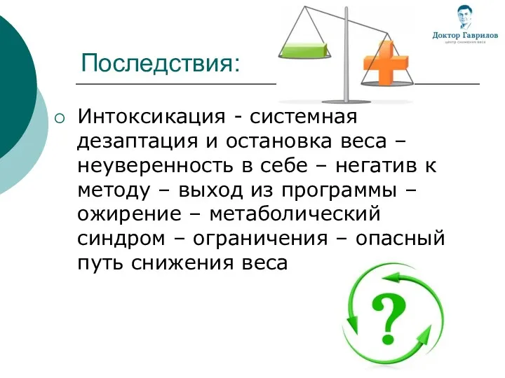 Последствия: Интоксикация - системная дезаптация и остановка веса – неуверенность