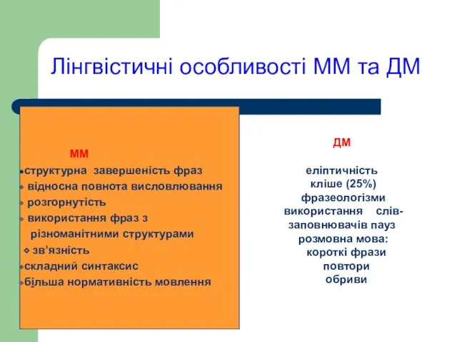 Лінгвістичні особливості ММ та ДМ ММ структурна завершеність фраз відносна