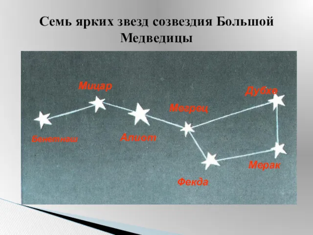 Семь ярких звезд созвездия Большой Медведицы Бенетнаш Мицар Алиот Мегрец Фекда Мерак Дубхе