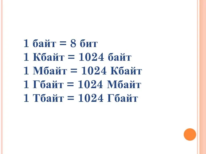 1 байт = 8 бит 1 Кбайт = 1024 байт