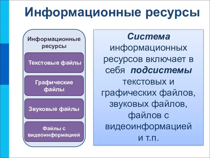 Информационные ресурсы Система информационных ресурсов включает в себя подсистемы текстовых